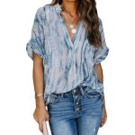 Blouse tunique - xl - bleu - col v montant - manches courtes - coupe ample