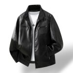 Blouson de moto homme en pu grande taille fashion col montant casualnoir