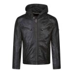 Blouson noir en cuir de mouton avec une coupe droite et un col � capuche