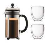 Bodum chambord set cafetire  piston - 8 tasses - 1l - gris - avec 2 verres double paroi pavina 035l ...