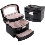 Bo�te � bijoux noir trousse de rangement trois �tages deux tiroirs pour femme fille pu el�gant grain ...