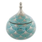 Bote  bijoux - porcelaine - turquoise - 14 x 14 x 17 cm - finition chrome - design oriental