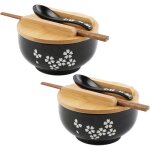 Bol2 pcs japonais bol ramen avec cuill�re � couverclebols � ramen en c�ramique noirbol de riz dessin� ...