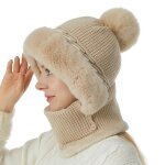 Bonnet femme hiver tour de cou masque facial - xnydncg - doublure en peluche - beige
