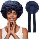 Bonnet de nuit en satin pour cheveux naturels - 2 pices - bleu