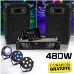 Boost dj - 300 pack sonorisation avec enceintes table de mixage amplificateur 480w + pack de 3 jeux lumire ...