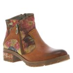 Boots en cuir camel � talon d�croch� bas avec des fermetures zipp�es