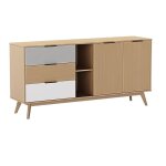 Borgh - buffet 165cm 2 portes 3 tiroirs scandinave pin massif gris blanc et effet ch�ne