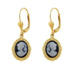Boucles doreilles cam�e ovale femme plaqu� or ? pendentif r�sine profil noir & blanc ? bijou vintage ...
