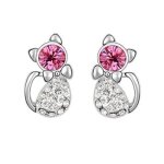 Boucles doreilles - femme / enfant - puces - chat - cristal - autrichien - rose - plaqu� or blanc 750 ...