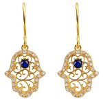 Boucles doreilles main de fatma plaqu� or 18 carats et zirconiums bleus blancs pendantes bijou poin�onn� ...