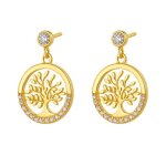 Boucles doreilles pendantes arbre de vie femme plaqu� or jaune 18k ? zirconium cercle pav� ? symbole ...
