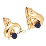 Boucles doreilles - cr�oles - dauphin - zircon ? bleu nuit - plaqu� or jaune 750 / 1000 - 14 mm - femme ...