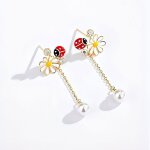 Boucles d?oreilles - femme - pendantes - fleur - coccinelle - plaqu or jaune 750 / 1000 - 45 x 10 mm ...