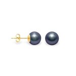 Boucles d?oreilles - femme - puces - perle - ronde - noire - 10 mm - plaqu or jaune 750 / 1000 - 3 microns ...