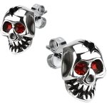 Boucles doreille homme en acier t�te de mort d�mon yeux rouges gothique biker