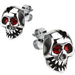 Boucles doreilles homme acier t�te de mort yeux zircon rouge biker