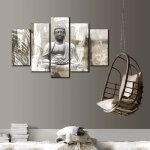 Set de 5 toiles imprim�es bouddha 150 x 100cm blanc gris