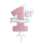 Bougie 1er anniversaire rose gold paillettes 10x8cm + bobeche