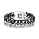 Bracelet - acier - homme - gourmette en maille cubaine - argent� - duo chainette