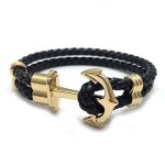 Bracelet cuir noir ancre m�tal dor�e - bracelet marin cuir tress�e noir - bracelet homme / femme en acier ...