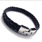 Bracelet homme en cuir tress� avec fermoir s�curis� en acier stainless - gourmette