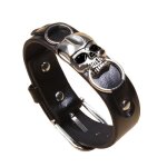 Bracelet - homme / femme - cuir - noir - tte de mort - acier 316 l - 26 cm