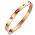Bracelet jonc ferm femme en acier inoxydable couleur ros avec strass - marque - modle