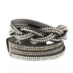 Bracelet manchette - bijou fantaisie - cuir - strass gris blanc et noir - 40 cm - femme