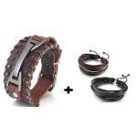 Bracelet manchette cuir marron et m�tal acier cuivr� argent + 2 bracelets cuir multi - brins noir et ...