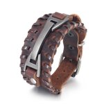 Bracelet manchette cuir vritable marron et mtal acier cuivr polish argent - bijoux homme vintage rock ...
