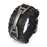 Bracelet manchette cuir vritable noir et mtal acier cuivr polish argent - bijoux homme vintage rock ...