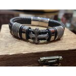 Bracelet en cuir - viking - ragnar - 225 cm - 5 symboles en m�tal - noir