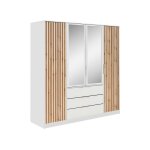 Bueno lux ? grande armoire 4 portes blanc & ch�ne avec doubles miroirs et lamelles modernes