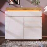 Buffet 110�39�115 cm blanc laqu� led connect�e sans poign�es design moderne