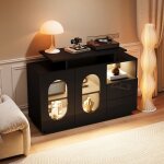 Buffet 120 � 40 � 80 cm vitrine avec portes vitr�es ovale 2 tiroirs led mdf brillante noir