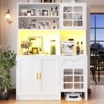 Buffet 130 x 45 x 180 cm meuble de cuisine avec portes vitr�es et �clairage led meuble haut pour salon ...