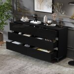 Buffet 140x39. 5x78. 5 cm meuble de rangement panneau de particules 6 tiroirs pieds m�tal laqu� noir