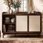 Buffet 150cm - portes coulissantes & 2 tiroirs - style r�tro scandinave - bois naturel & blanc