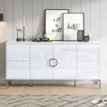 Buffet - 150x38x595 cm - 4 tiroirs et 2 portes - finition blanc haute brillance - meuble rangement salon ...