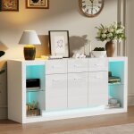 Buffet 160�40�75cm buffet laqu� brillant avec bande lumineuse led et 3 tiroirs meuble de rangement base ...
