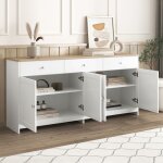 Buffet 160 x 37 x 75 cm avec 4 portes 3 tiroirs �tag�res r�glables mdf blanc et couleur naturelle