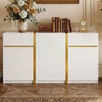 Buffet 160cm - laqu� haute brillance - 3 portes & 2 tiroirs - style italien - blanc & or