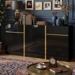 Buffet 160cm - laqu� haute brillance - style italien luxe - 3 portes & 2 tiroirs - noir & or