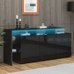 Buffet 160x35x70 cm rangement avec 2 portes 4 tiroirs led fa�ades panneaux de particules brillantes noir ...