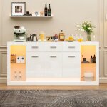 Buffet 160x40x75 meuble de salon avec led 3 tiroirs finition laqu�e brillante commode � 14 �tag�res base ...