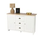 Buffet avec 2 portes et 3 tiroirs design colonial ? 119x395xh77 cm coloris blanc et plateau chne clair ...