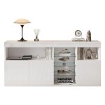 Buffet 3 portes 3 vitrines led blanc laqu� brillant 1555x35x72 cm sans poign�es - meuble salon salle ...