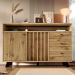Buffet avec 3 tiroirs et 2 portes armoire de rangement avec compartiment ouvert fa�ade � persiennes de ...