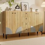 Buffet avec 4 portes et 4 tiroirs meuble de rangement en bois clair + pieds de table en pvc noir panneau ...